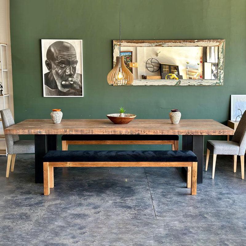 Auriel features a 70mm thick ,  Top made in Recycled Oregon Pine ,  The legs are made in steel powder coated Black.