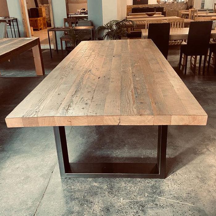 Auriel features a 70mm thick ,  Top made in Recycled Oregon Pine ,  The legs are made in steel powder coated Black.