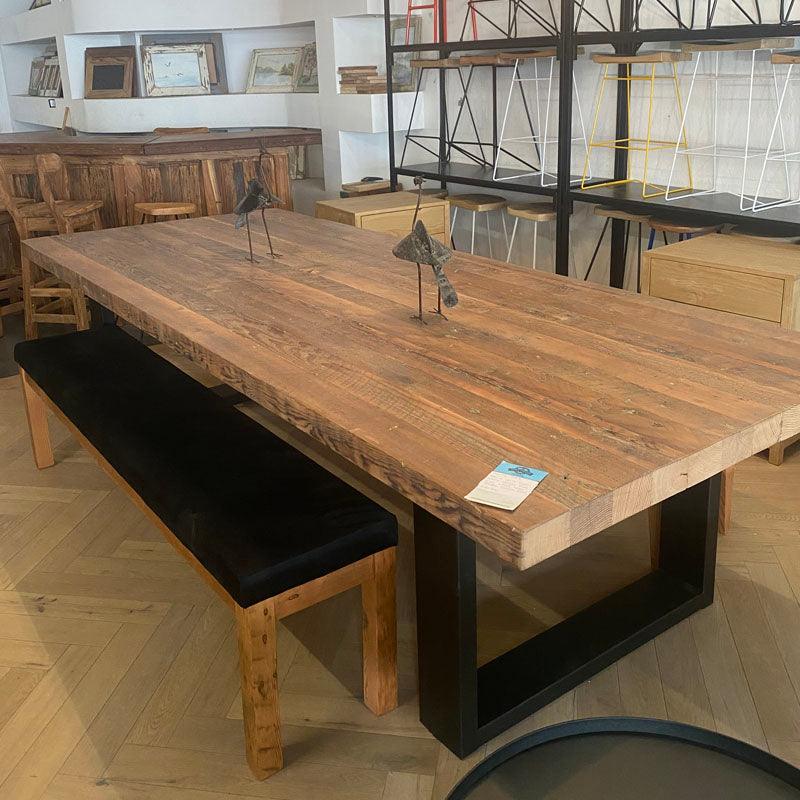 Auriel features a 70mm thick ,  Top made in Recycled Oregon Pine ,  The legs are made in steel powder coated Black.