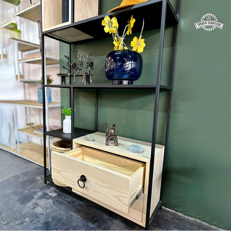 Ash wood and black powder coated steel Display Shelves from Timber Furniture Designs