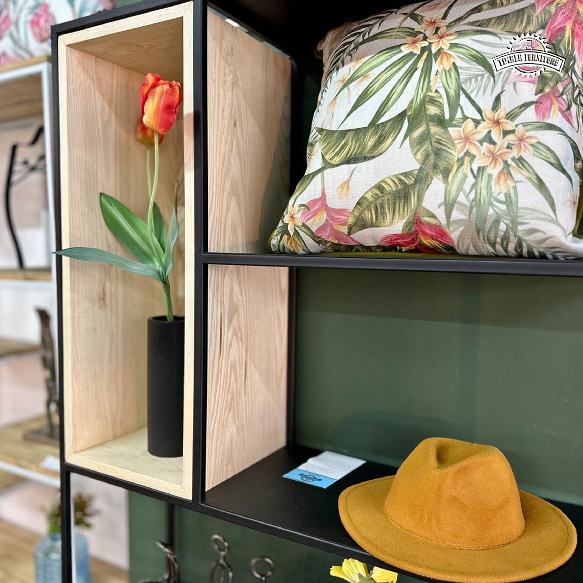 Ash wood and black powder coated steel Display Shelves from Timber Furniture Designs